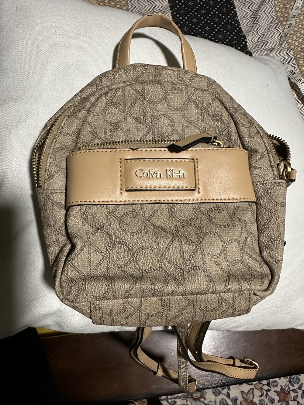 Calvin Klein Tan Signature Mini Backpack with Leather Trim